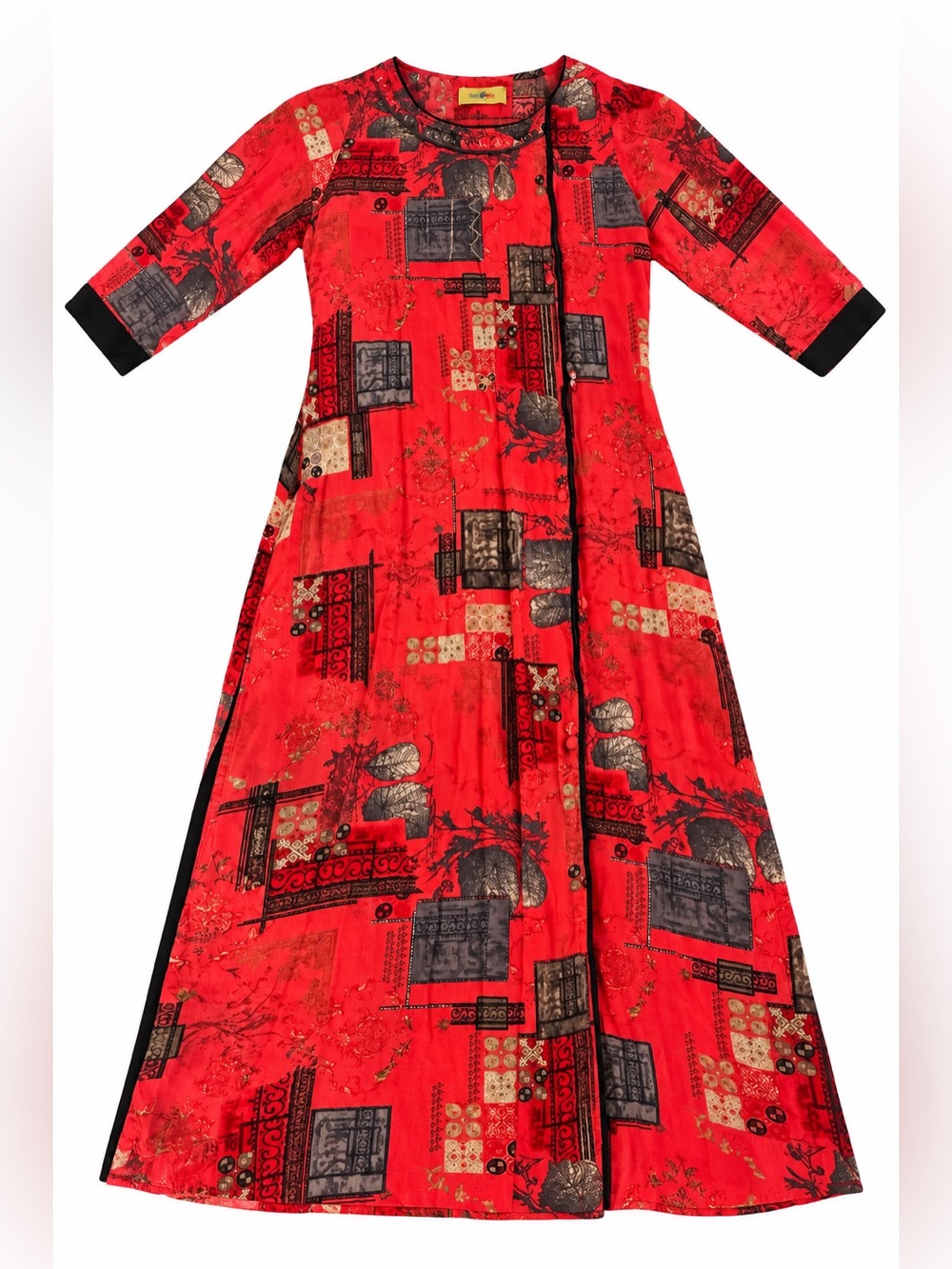 Kin Min Red Black Printed Long Kurti Tunic Duster Side Slit Dress L